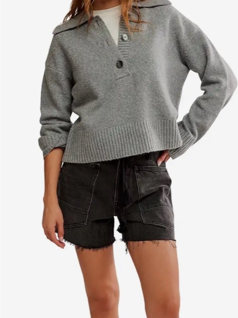 Free People Gray Collared Button Pullover Sweater